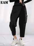 High Elastic Waist Pocket Leisure Long Black Harem Trousers New Loose Fit Pants Women Fashion Spring Autumn 2023