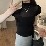 Girls Foreign Style Simple Net Gauze Spliced Half-High-Collar T-Shirt Spring And Summer New Thin Solid Color Short-Sleeved Blouse-Outfit