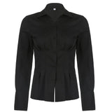 Y2K Button Crop Top Ruched Full Sleeve T Shirt Turn Down Collar Retro Elegant Cardigans Women Corset Tee Korean