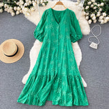Embroidary Solid Women Chic Dress V Neck Gentle Single Breasted Retro Vacation 2022 Ladies A Line Beach Long