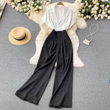 Office Lady Notched Collar Patchwork Romper Women Elegant Short Sleeve High Waist Wide Leg Playsuits Female Summer OL