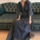 2022 Summer Vintage Women Long Dress Puff Sleeve Embroidery White Lace Vocation Maxi Beach