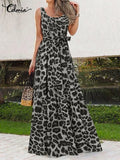 Bohemian Summer Dress Women Leopard Print Long Robe 2022 Holiday Sleeveless Tank Dresses Casual Belted Maxi Vestido