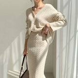 Women Autumn Winter V-Neck Hemp Pattern Knitted Sweater Top + High Waist Elegant Skirt 2 Piece Set Slim Casual Dress