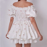 Princess Yellow Cherry Print Spliced Lace Corset Style Mini Dress Women Puff Sleeve Slim Waist Ruffle Hem Cake Party Robe-Outfit