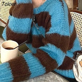 Autumn Thick Pullovers Women New Panelled Stripes Sweaters Vintage Schoolgirls BF Chic Japan Simple All-match Fashion
