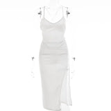 Fashion Summer New Satin 2 Pieces Sets Women Strap Backless Camis High Split Midi Skirt Suit Matching Set