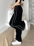 Women Streetwear Black Sweatpants High Quality Striped Patchwork Cargo Pants Retro Harajuku Korean Oversize Bf Trousers-Outfit
