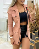 Autumn Women Solid Coats Turn Down Collar Full Sleeve Regular Casual Drawstring Tight Waist Zipper Pockets Jackets-Outfit