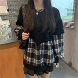 Deeptown Gothic Hoodie Women Fleece Plaid Patchwork Sweatshirt Oversized Streetwear Korean 2021 Punk Grunge Pullover Alt