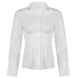 Y2K Button Crop Top Ruched Full Sleeve T Shirt Turn Down Collar Retro Elegant Cardigans Women Corset Tee Korean