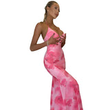 Toloer Women's Summer New Fashion Print Open Back Hanging Neck Strap Slim Fishtail Dress Long Skirt Woman-Outfit