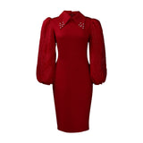 Women's Spring And Autumn Long-Sleeved Large-Size Bag Hip Nail-Bead Mesh Splicing Commuter Pencil Skirt