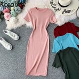 2022 New Short Sleeve Solid Vintage Women Dress Korean Knit Stretch Waist Elegant Dresses O Neck Bodycon Vestidos