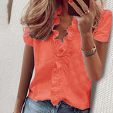 Boho Floral Print Slim Shirt Office Lady Retro Tops Women Casual Short Sleeve Sexy V-neck Ruffles Blouse 2022