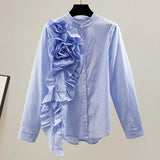 Patchwork Floral White Shirt For Women Stand Collar Long Sleeve Loose Solid Button Through Blouse Female