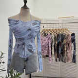 Real Shot Shoulder Strap Hanging Neck Pure Lust Wind Long-Sleeved T-Shirt Repair Cross-Folded Open Fork Short Top
