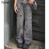 Y2K Streetwear Pockets Up Cargo Jeans Grey Star Print Low Rise Gothic Straight Pants Denim Grunge Baggy Pant
