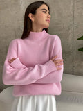 Women Turtleneck Knitted Sweater Simple Loose Long Sleeve Solid Pullover Top Autumn Winter Warm Casual Oversized Lady