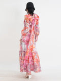 Printing Casual Long Dresses For Women V Neck Lantern Sleeve High Waist Patchwork Edible Tree Fungus Maxi Dress