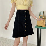 VAREY LIN Summer Women A-line Retro Solid Color Jeans Short Skirts Casual Female High Waist Single Breasted Black Denim