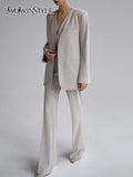 Solid Three Piece Set Womens V Neck Sleeveless Vest Notched Long Sleeve Blazer High Waist Wide Leg Pant Female