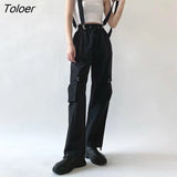Pants Casual Solid Straps Design Pockets Street Wear High Waist Ins Femme Stylish College BF Cool Girls Punk All-match