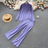 Women Casual Knitted Sets Half High Collar Sweater Top+Elastic Wide Leg Long Pants Winter Sweater Two Piece