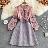 Designer Tweed Mesh Patchwork Mini Dress Ruffled Embroidery Beading High Wasit Office Lady A Line Autumn Dresses