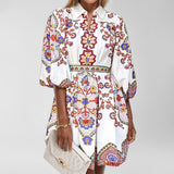 Spring Women's Fashion V-Neck Lantern Sleeve Temperament Printed Waist Skinny