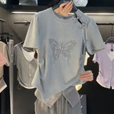 Chinese Round Neck Button Butterfly Short sleeved T-shirt Women Top New Fashion Loose Casual Versatile Summer Tshirts Top-Outfit