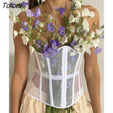 Tube Mesh See Through Crop Top For Women Solid Strapless Back Lace Up Bustier Corset Sexy Solid Slim Tank Top