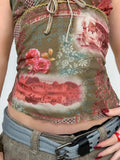 Vintage Slim Printed Lace Trim Camis Tops Sexy V-Neck Sleeveless Tank Tops Women 2024 Summer Fashion Streetwear Ladies-Outfit