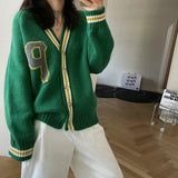 Women's Letter Print V Neck Colorblock Oversized Knit Caridgan Green Blue Gray Casual Sweater