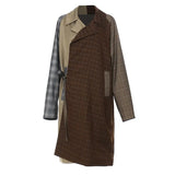 Women Khaki Plaid Color-block Big Size Trench New Lapel Long Sleeve Windbreaker Fashion Tide Spring Autumn 2023