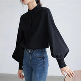 Lantern Sleeve ladies shirts Women's Blouse Spring Autumn Single Breasted Shirts Blouse Solid Blusas