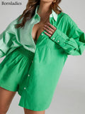 Women Tracksuits Shirt with Mini Shorts 100% Cotton Two Pieces Sets Fashion Outfits Women Blouses Short Sets