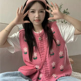 Sweet Flower Embroidered Knitted Vest Girls 2024 Spring And Autumn New Loose Soft Waxy Sweater Back Trend-Outfit