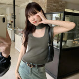 Sense Hanging Neck Shoulder Sleeveless Knitted Shirt Spring New Slim High Waist Short Vest Bottomed Blouse-Outfit