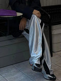 Y2k Silver Sweatpants Women Korean Streetwear Loose Vintage Side Stripe Elastic Waist Track Pants Summer Casual