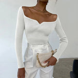 Knitted Square Collar Tops Women Sexy Long Sleeve Women Slim Minimalist Autumn 2021 Basic Korean Black Casual