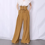 Casual Loose Women Full Length Pants High Waist Tunic Patchwork Ruffle Pleated Wide Leg Pant Female Clothes