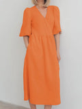 Elegant Women Cotton Midi Dress Green Robe V-Neck Puff Sleeve Wrap Dress Lady Dress Summer Loose Dress 2022