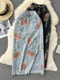 Floarl Print Women Jeans Skirt 2022 Summer Split Button Zipper Vacation Retro Ladies A Line Harajuku Long