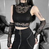 Skull Fishnet Mall Gothic Women Tank Tops Grunge Aesthetic Punk Black Crop Top With Glove E-girl Emo Alternative Vests-Outfit