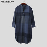 Muslim Men Islamic Kaftan Plaid Long Sleeve 2021 Stand Collar Casual Robes Arabic Vintage Caftan Cotton Men Jubba