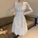 Fashion Ladies Embroidered Flower Dress Women O-Neck Elegant Vintage Dot Mesh Patchwork Lace Knee-length Dress