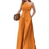 Women's Dress 2025 New Solid Color Collared Shoulder Tie With High-Waisted Broad-Legged Jumpsuit