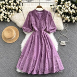 Autumn Women Green/Orange/White Hollow Out Midi Dress Elegant V-Neck Puff Short Sleeve High Waist Party Robe Female Vestido