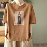 Cotton Loose T Shirt Women Fashion Retro Cartoon Print T-shirt Oversized Pullover Casual Short Sleeves TShirts Summer
